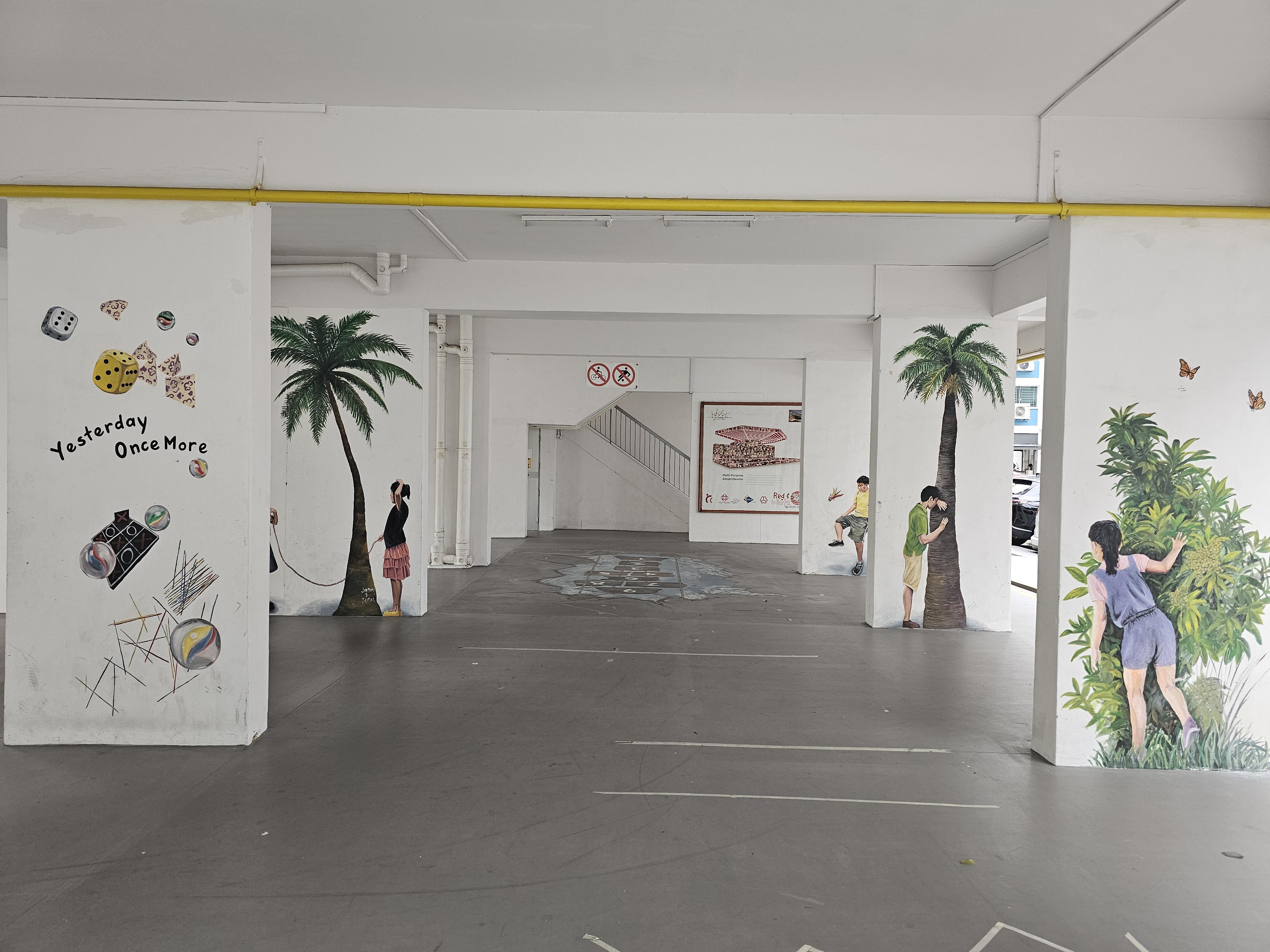 I found these murals at the void deck which depicted children growing up playing. In contrast, the signs of NOT ALLOWING ball games are just staring down.